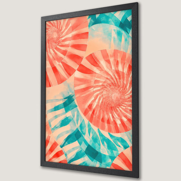 Framed Poster featuring abstract spiral design in red, teal, and peach watercolor style. Perfect wall art for modern decor.