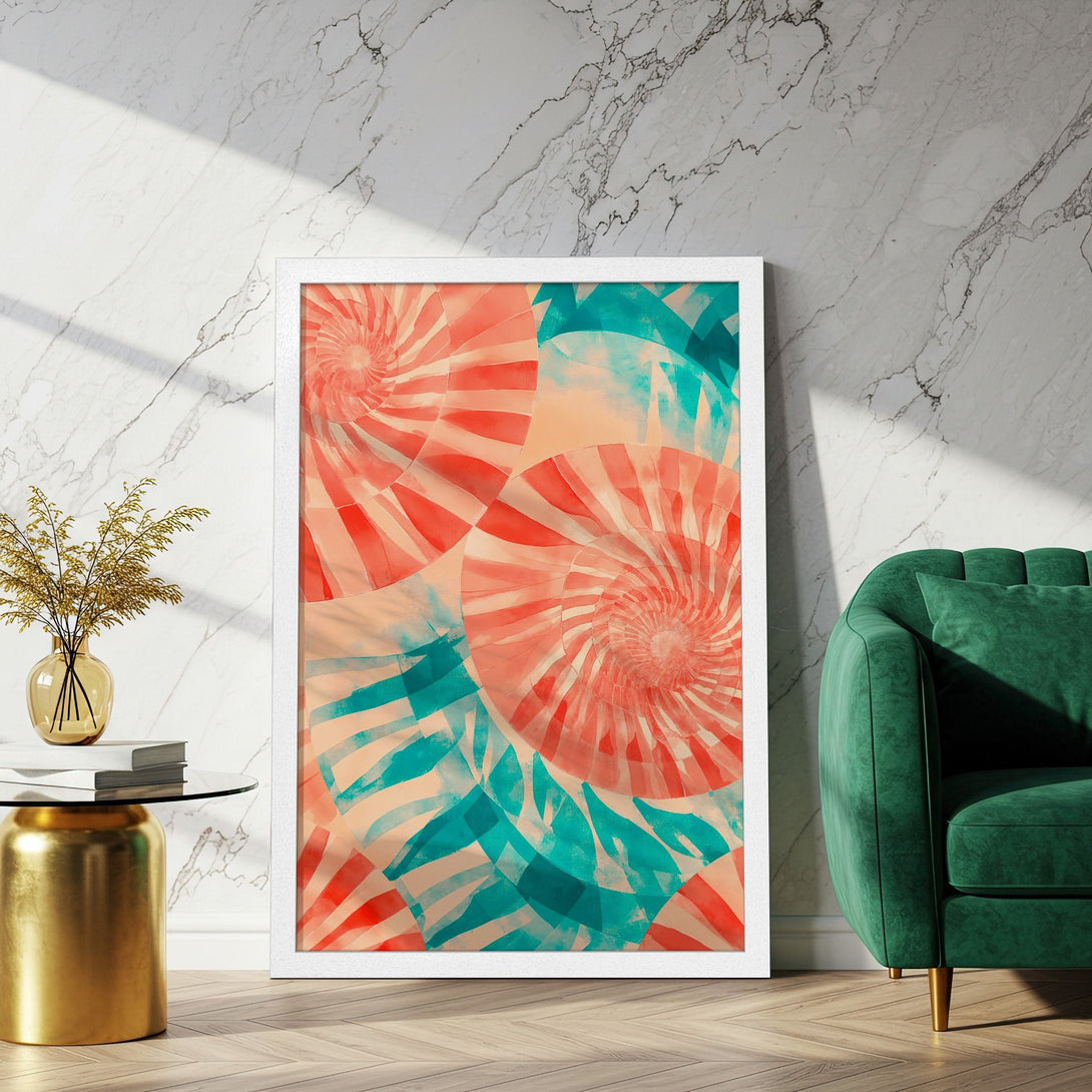 Framed Poster featuring abstract spiral art in coral, teal, and peach tones. Modern art style for home decor.