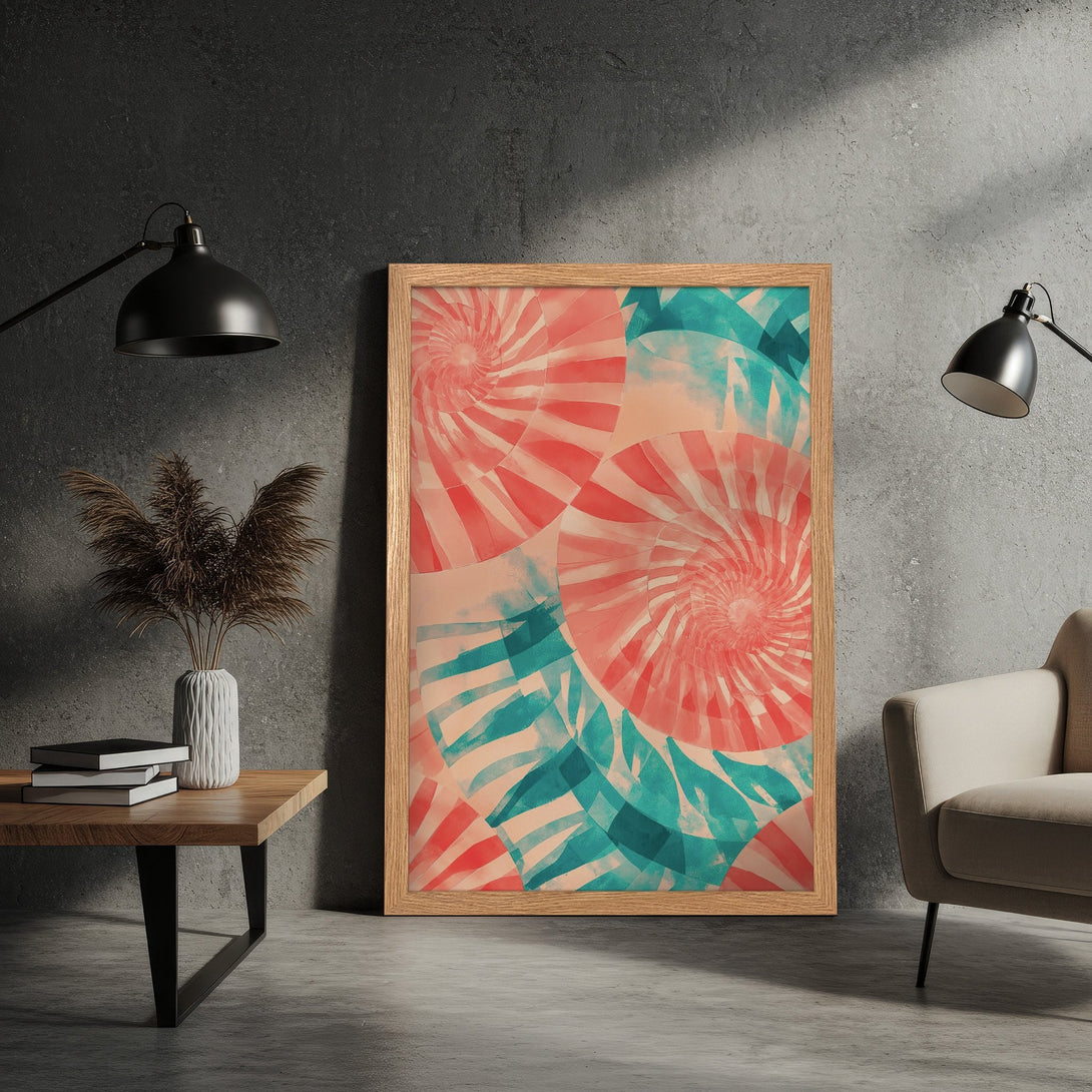 Framed Poster featuring abstract spiral art in coral, teal, and peach tones. Modern art style perfect for home decor.