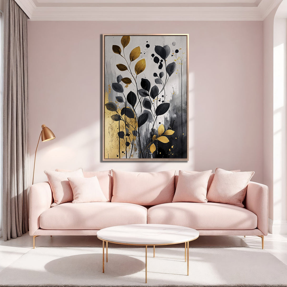 Framed Wall Art featuring abstract gold and black leaves. Modern canvas print with a blush pink and gold color palette, perfect for elegant home decor.