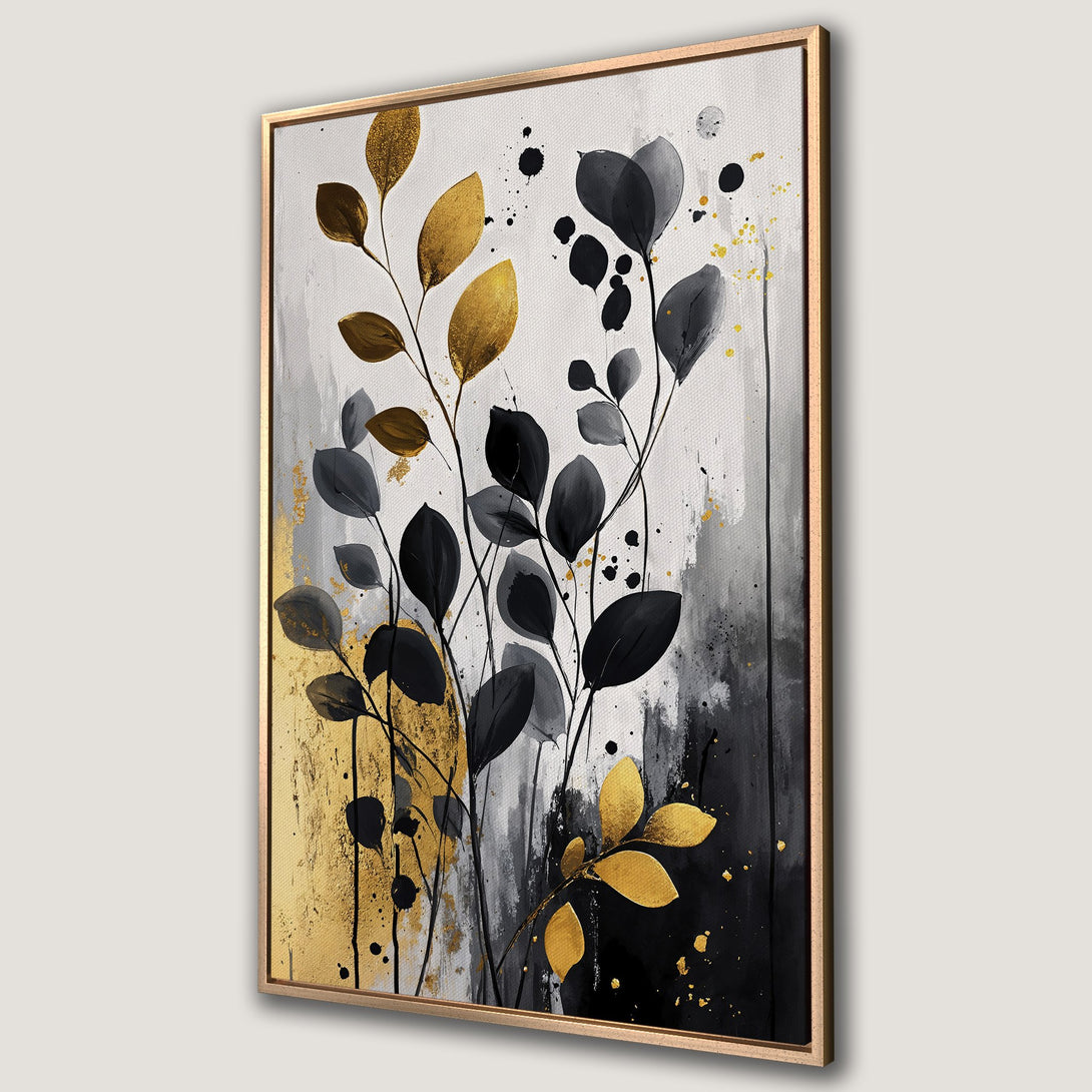 Framed Wall Art featuring abstract gold and black leaves. Modern canvas print with a neutral color palette, perfect for adding elegance to any space.
