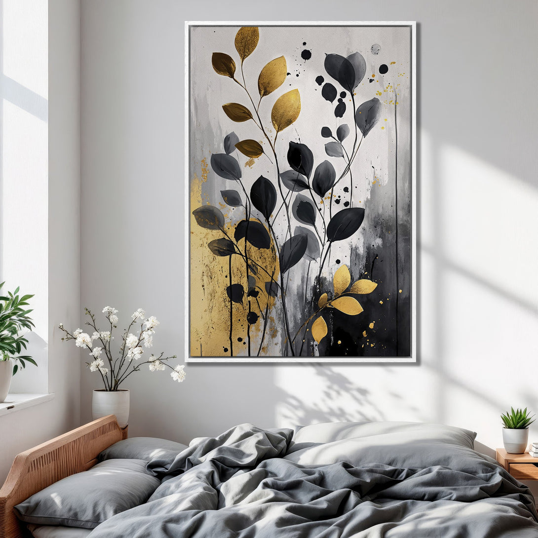 Framed Wall Art: Abstract botanical print in gold, black, and gray. Modern canvas art for bedroom decor. Elevate your space with this stylish piece.