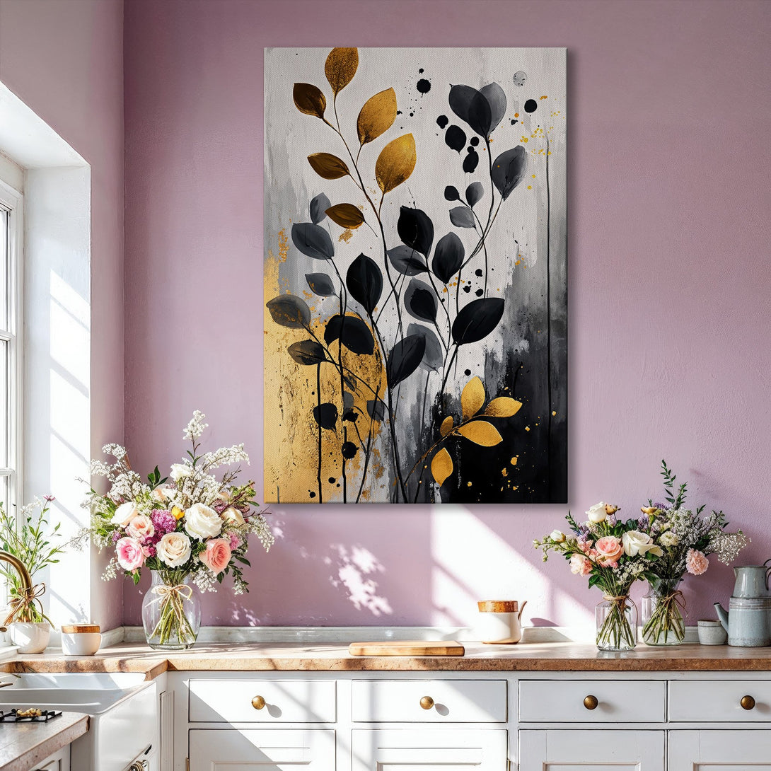 Framed Wall Art featuring abstract botanical art in black, gold, and gray. Modern canvas print adds elegance to any living room decor.