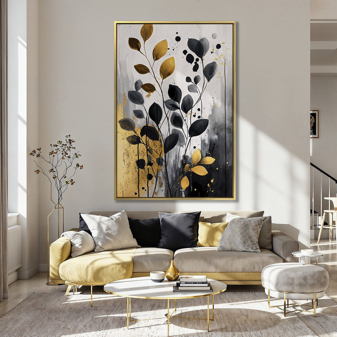 Abstract Canvas Print featuring gold, black, and gray leaves. Modern art style, perfect for adding elegance to any interior.