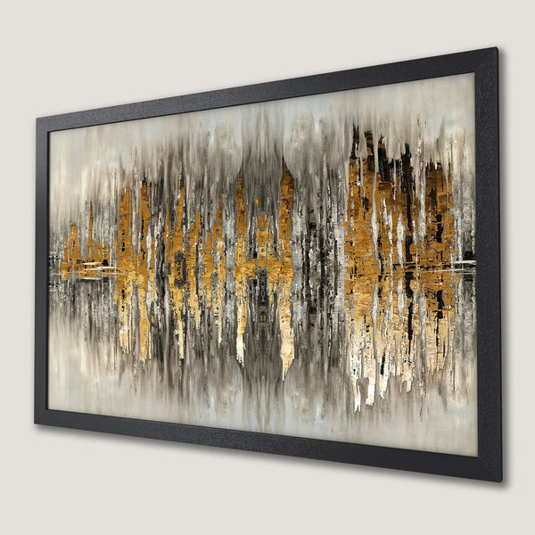 Framed Poster: Abstract art print in gold, black, and gray. Modern wall decor for any space.