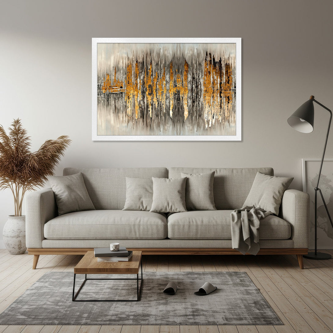 Framed Poster featuring abstract gold and gray art, perfect for modern home decor. Neutral color palette.