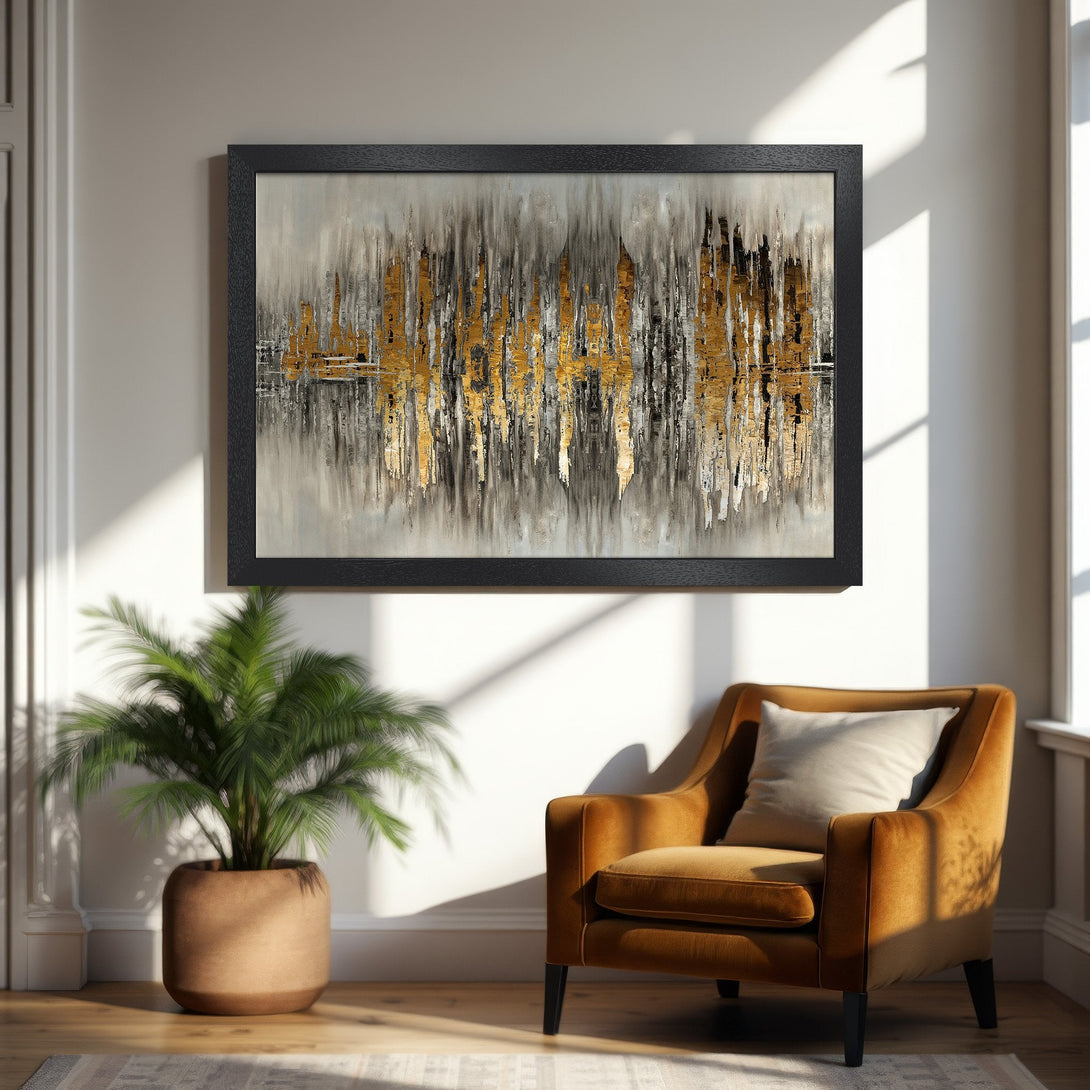 Framed Poster featuring abstract gold and gray art. Modern style, neutral color palette. Perfect wall decor for living rooms and bedrooms.