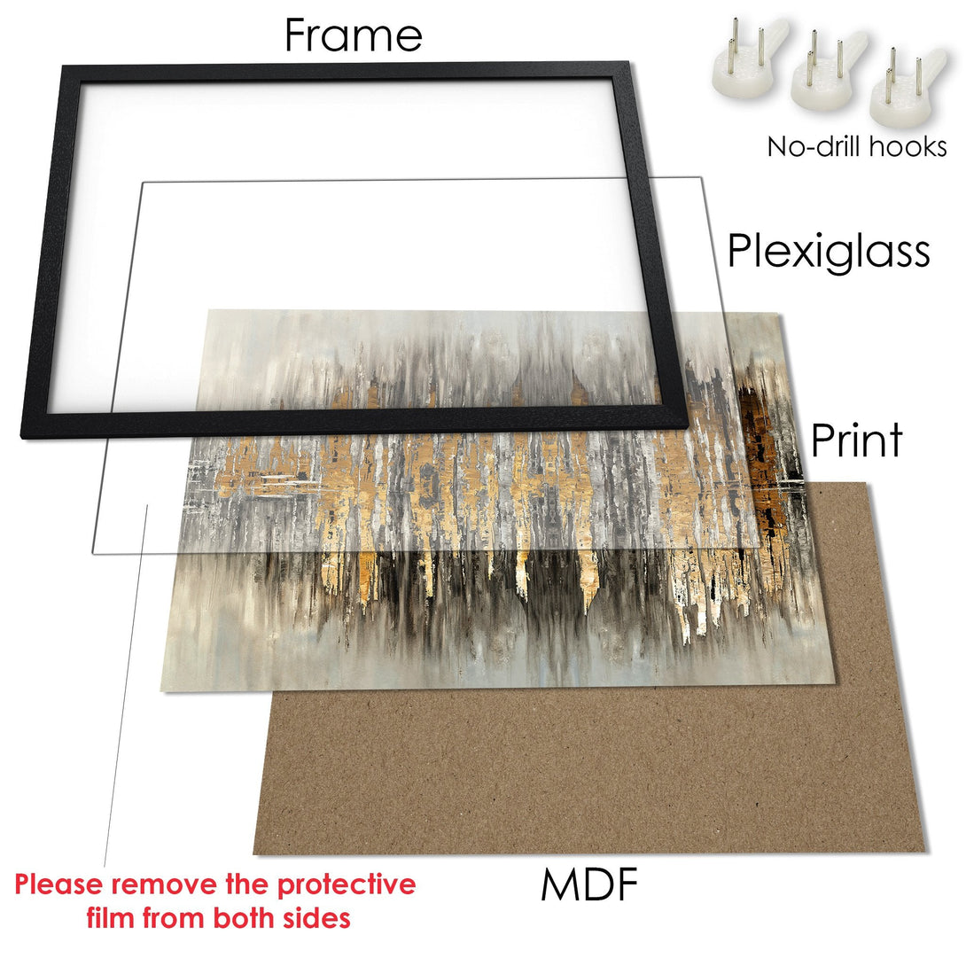 Framed Poster: Abstract art print with gold and gray tones, ready to hang. Elevate your space with this stylish wall art.