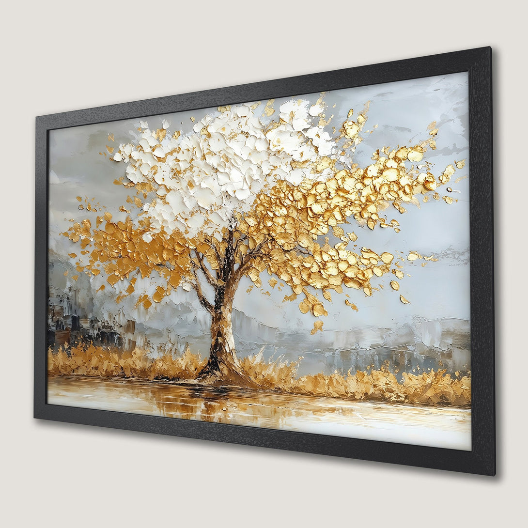 Framed Poster of a textured tree art print. Gold, white, and gray color palette, perfect for home decor.