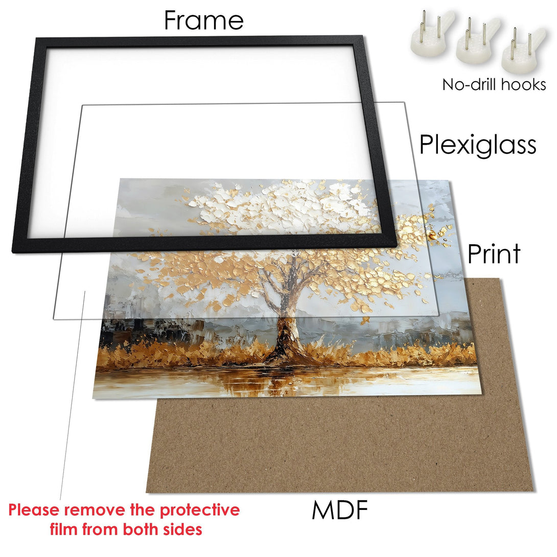 Framed Poster featuring a textured gold tree against a gray background. Modern art style, neutral color palette. Ready to hang decor.