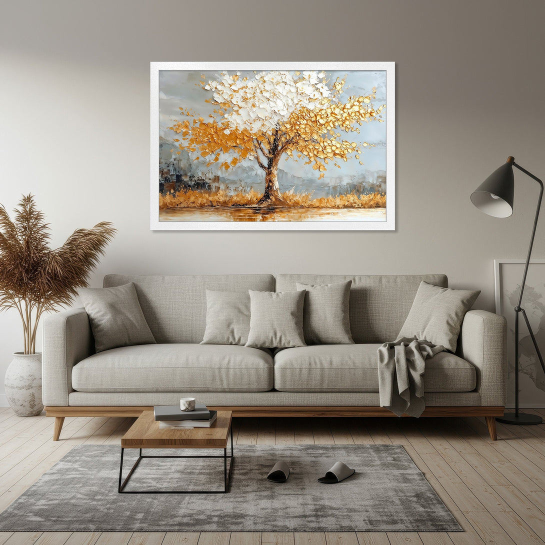 Framed Poster featuring a textured tree painting in gold, white, and gray. Modern art style, perfect for home decor.