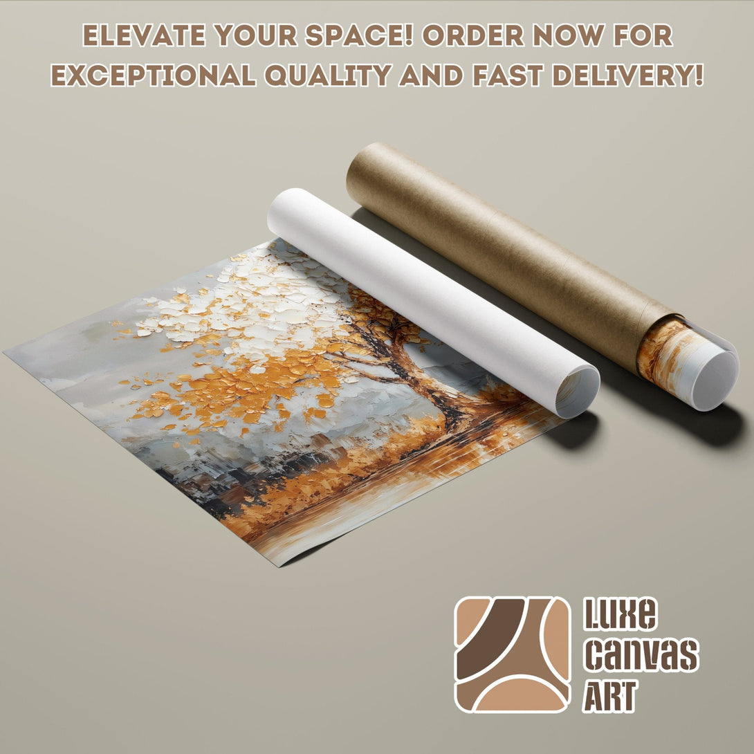 Poster Roll of abstract tree art in gray, white, and gold. Elevate your space!