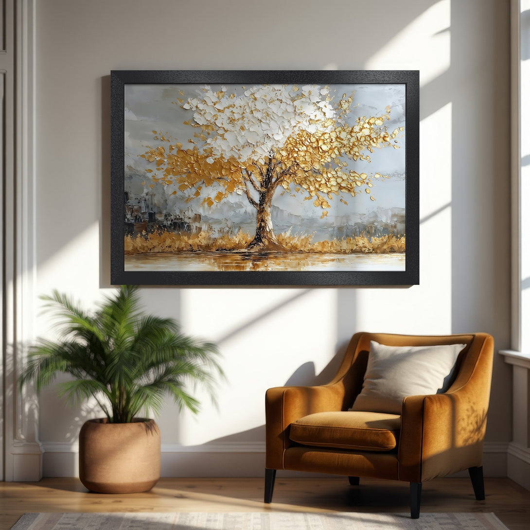 Framed Poster of a textured gold and white tree painting, neutral tones, perfect for modern home decor.