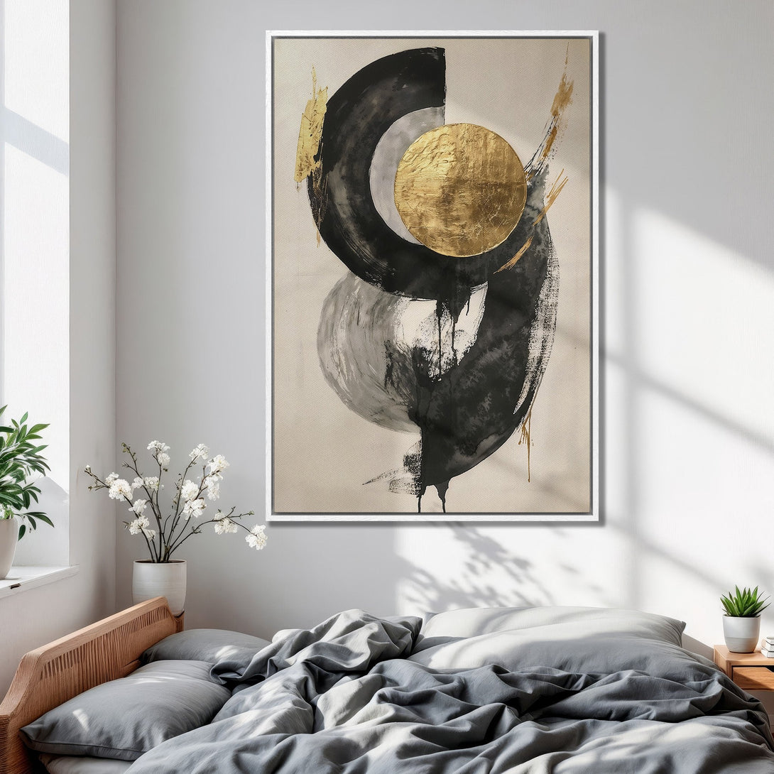 Framed Wall Art: Abstract art print with black, gold, and gray brushstrokes. Modern art canvas print for bedroom decor, neutral color palette.