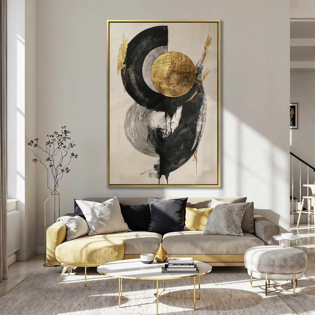 Abstract Canvas Print in black, gold, and gray, displayed in a stylish kitchen. Modern art with a neutral color palette.