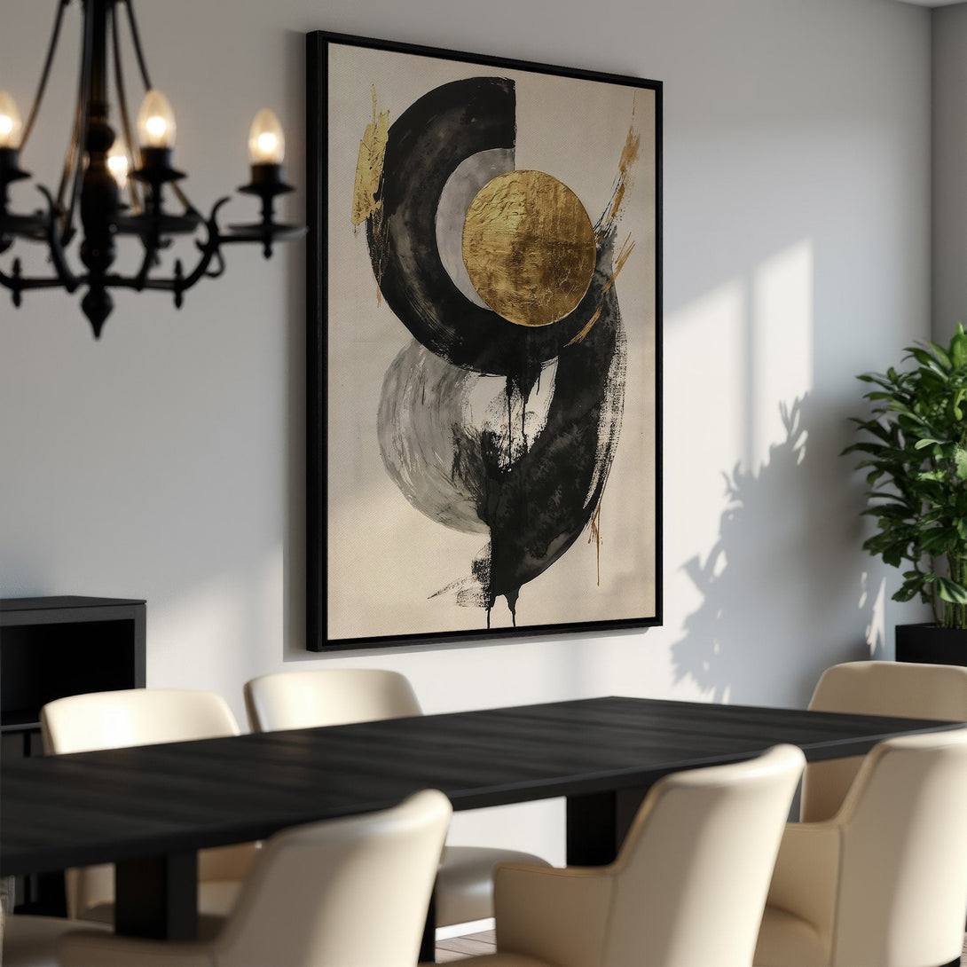 Framed Wall Art: Abstract black, gold, and gray artwork. Modern style canvas print with neutral color palette, perfect for dining room decor.