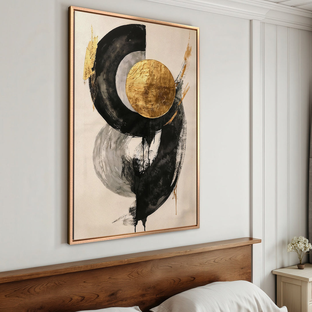 Abstract Canvas Print with gold, black, and neutral tones. Modern wall art perfect for bedroom decor. Framed abstract art.