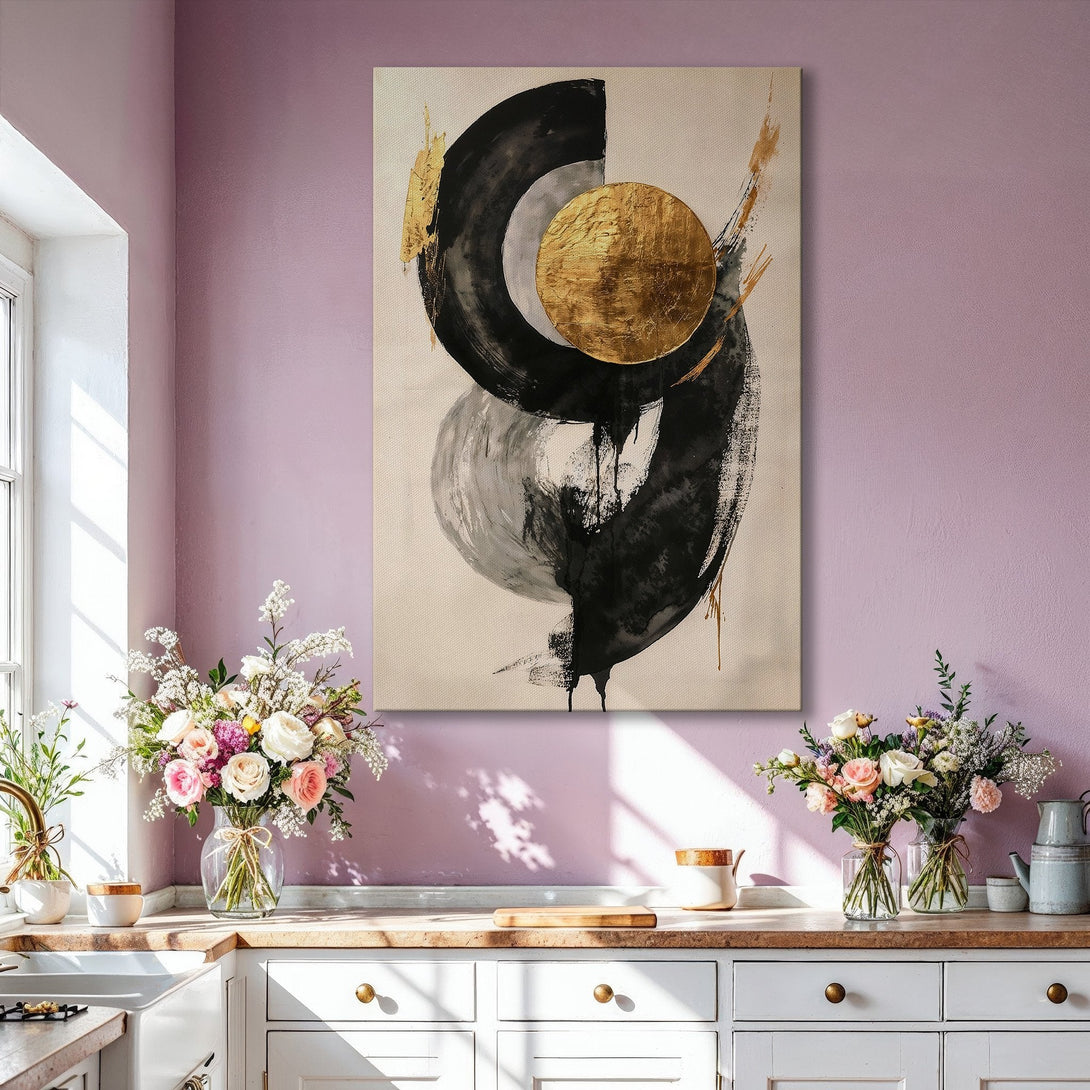 Framed Wall Art: Abstract black, gold, and gray brushstroke art. Modern canvas print adds a touch of luxury to any living room with neutral tones.