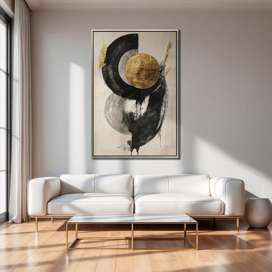 Framed Wall Art: Abstract black, gold, and gray brushstroke art canvas print. Modern style, neutral color palette, perfect for living room decor.