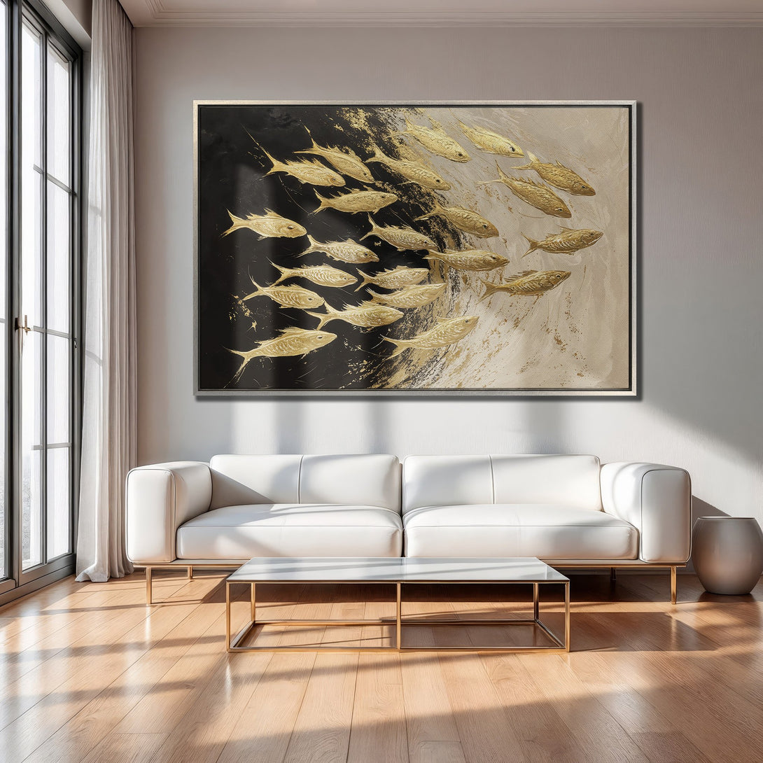 Framed Wall Art: Gold fish art print. Modern abstract style with a black, gold, and beige color palette. Perfect for living room decor.