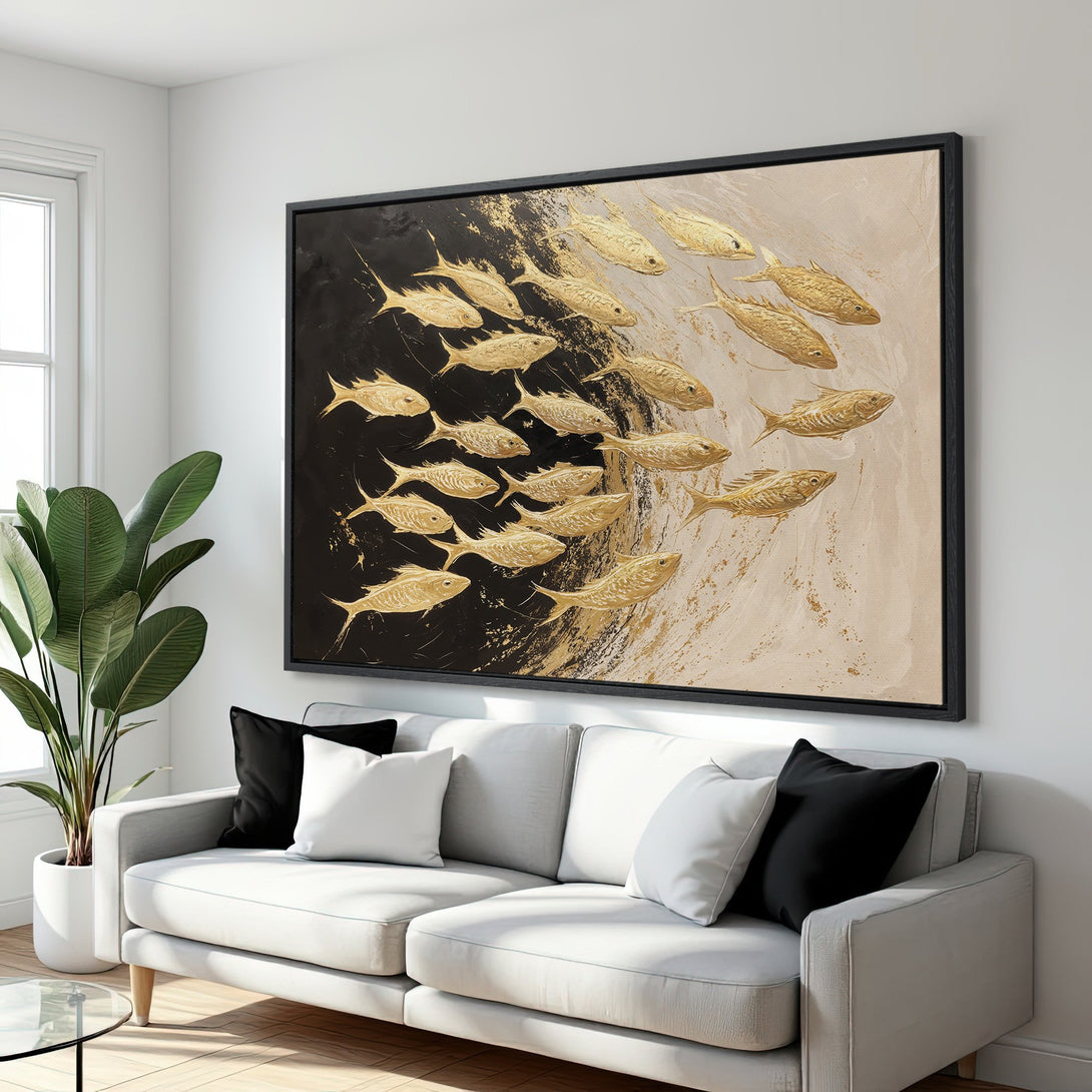 Framed Wall Art: Gold fish abstract canvas print in a modern interior. Features a black, beige, and gold color palette. Elevate your space!