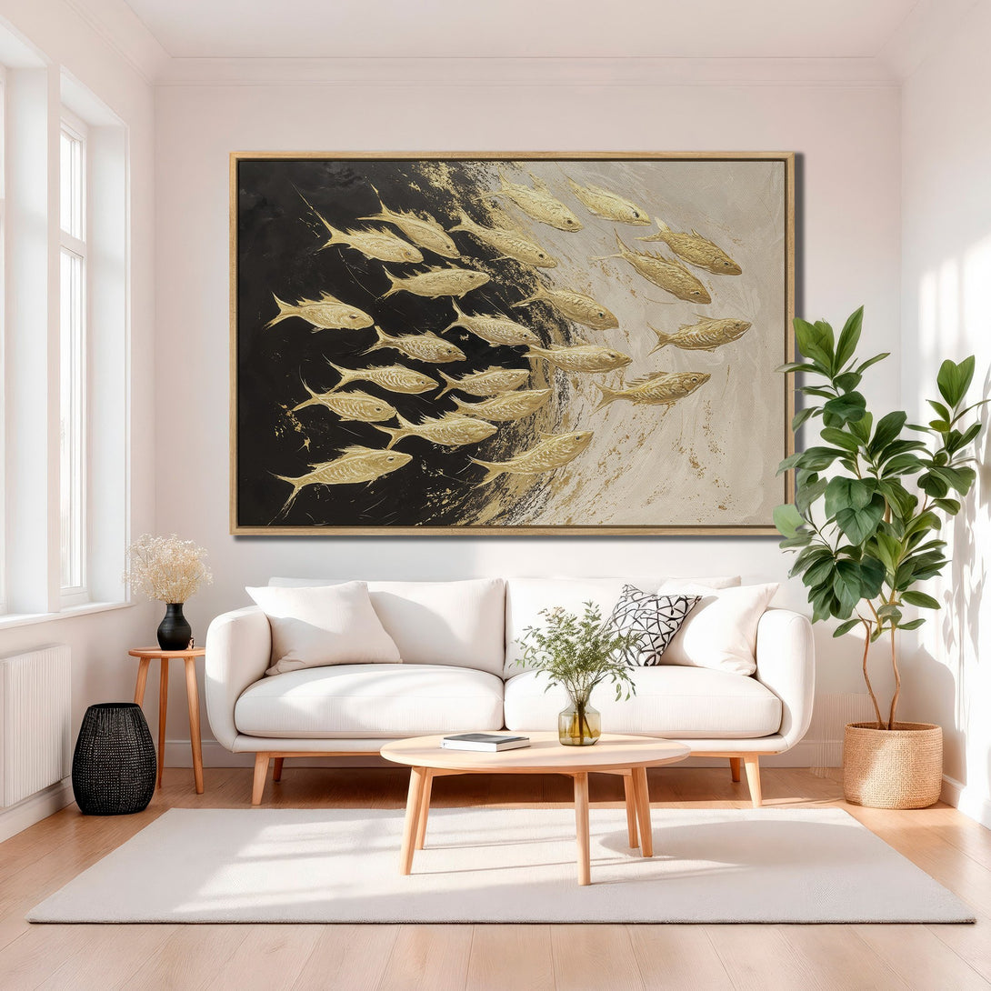 Framed Wall Art featuring a school of gold fish. Modern abstract style with black, white, and gold color palette. Perfect for living room decor.