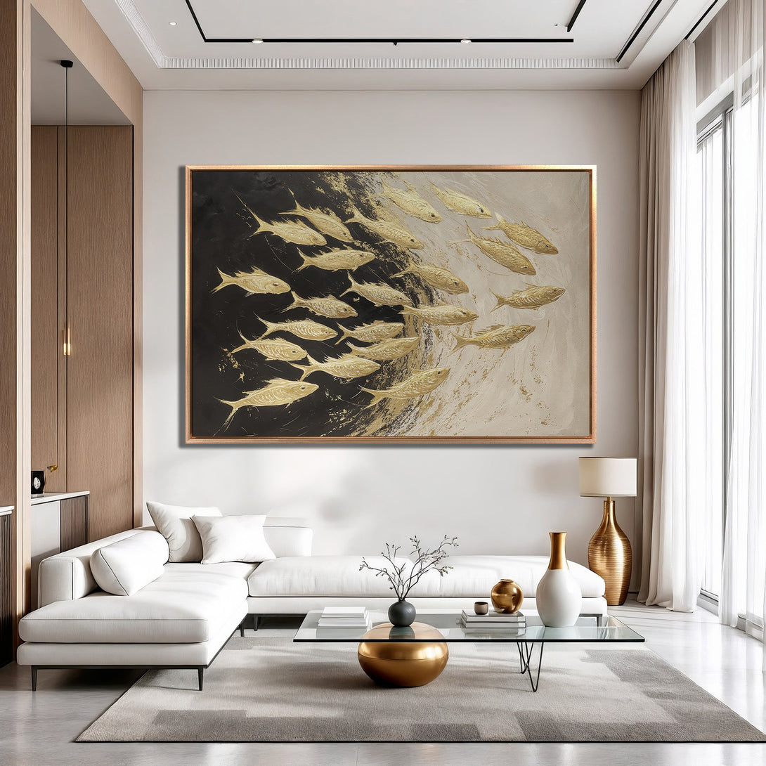 Framed Wall Art: Gold fish abstract art in a modern interior. Neutral color palette with black, gold, and beige tones. Elevate your space!