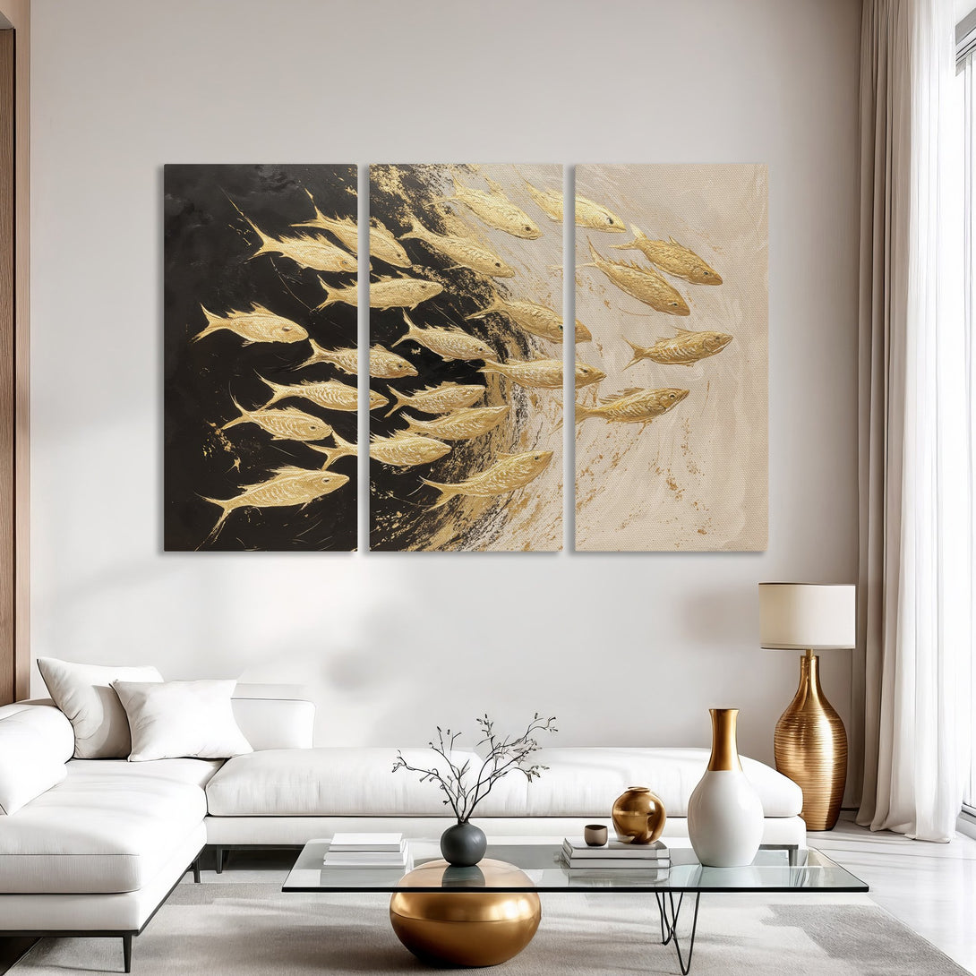 Gold fish Canvas Print art in a modern interior. Abstract style with black, white, and gold color palette. Enhance your home decor!