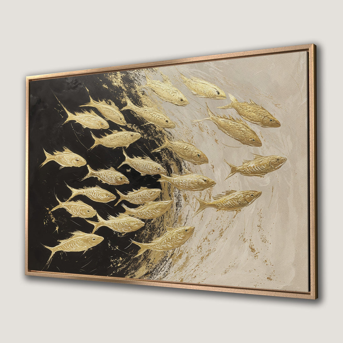 Framed Wall Art: Gold fish painting on canvas. Abstract style with black, beige, and gold color palette. Perfect for modern home decor.
