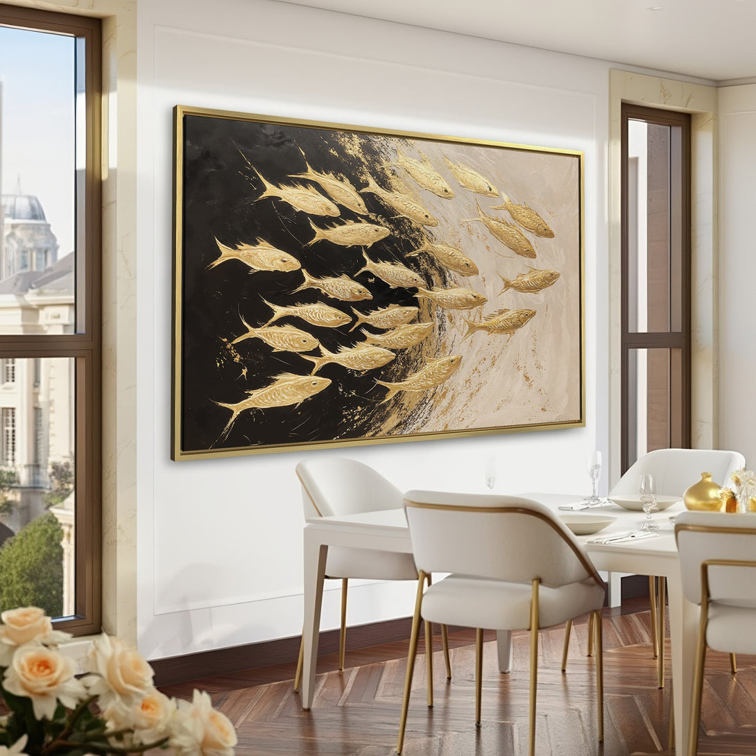 Canvas Print of golden fish artwork in a modern interior. Features a black, white, and gold color palette, perfect for any home.