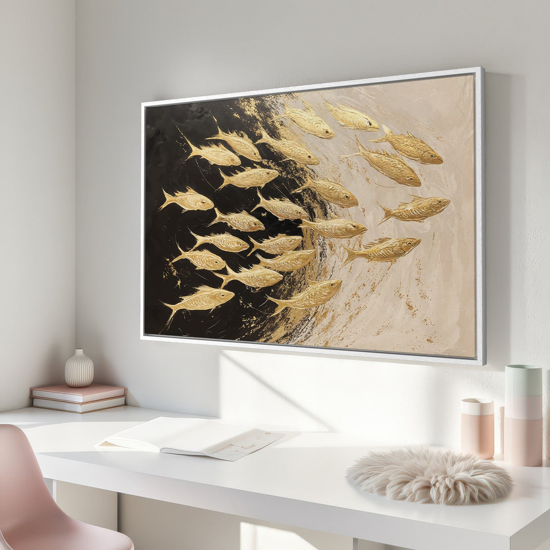 Framed Wall Art featuring a school of golden fish. Modern abstract art in black, beige, and gold color palette. Elevate your space with this stunning canvas print.
