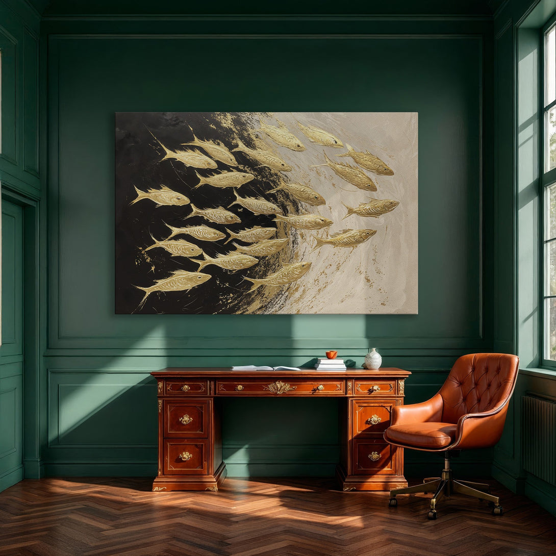 Framed Wall Art featuring gold fish abstract art. Modern design with black, gold, and beige color palette. Perfect for dining room decor.