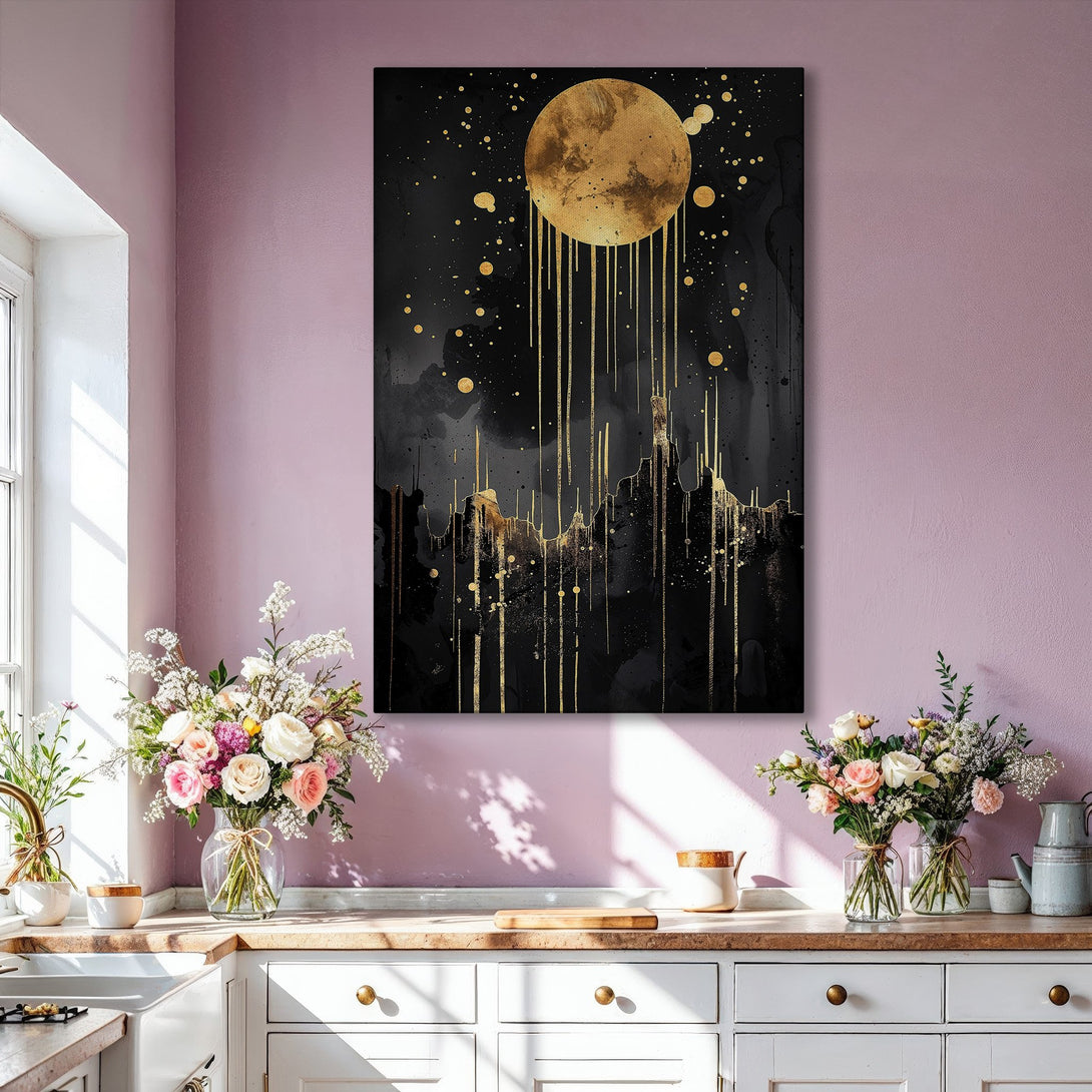 Framed Wall Art featuring an abstract black and gold design. Modern, elegant canvas print with a celestial theme, perfect for adding a touch of luxury to any room.