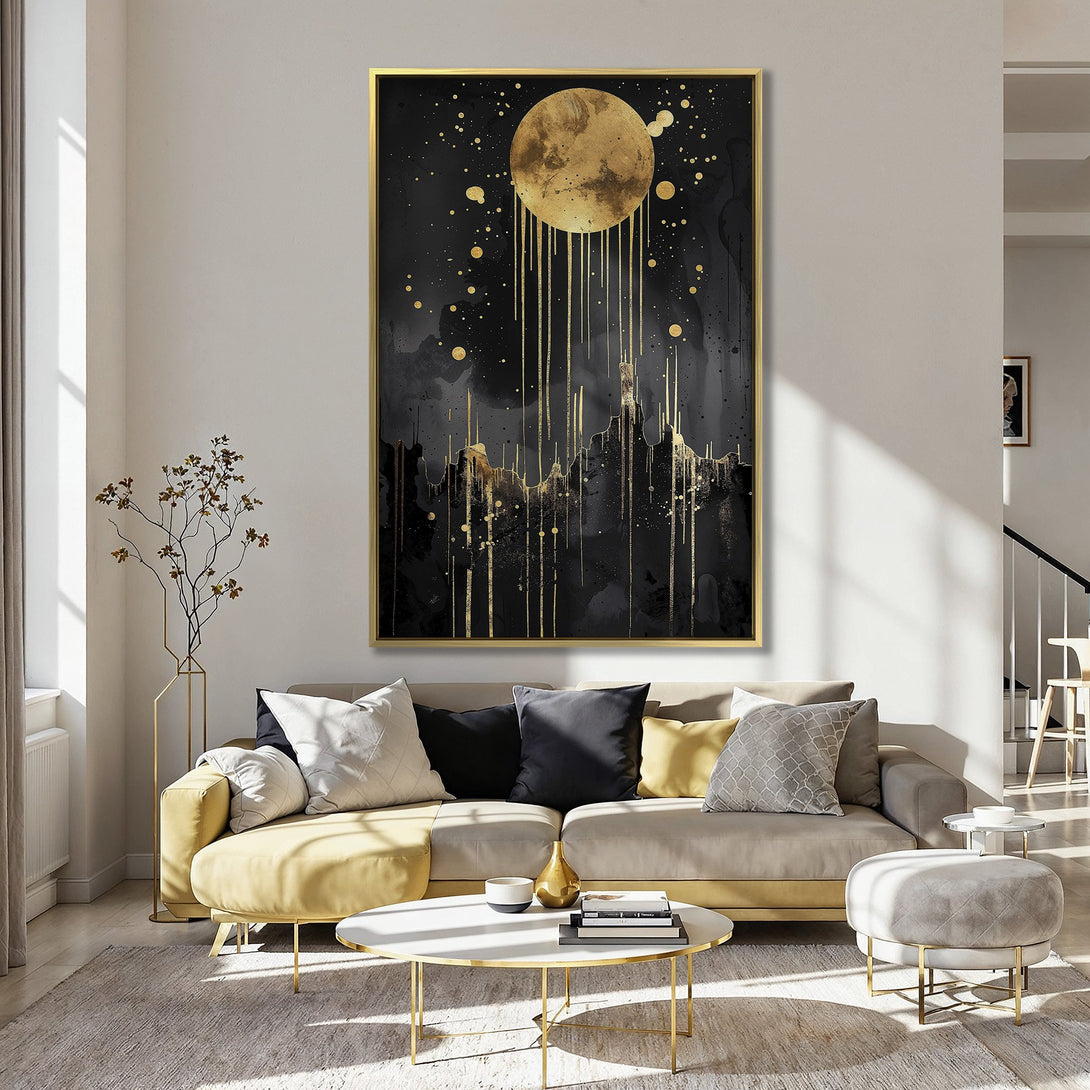 Abstract Canvas Print featuring a gold moon and black background, displayed in a stylish interior. Gold and black color palette.