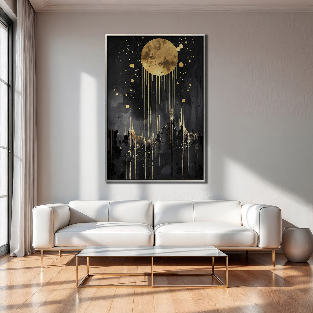 Framed Wall Art: Abstract moon art canvas print in black and gold, perfect for modern living room decor.