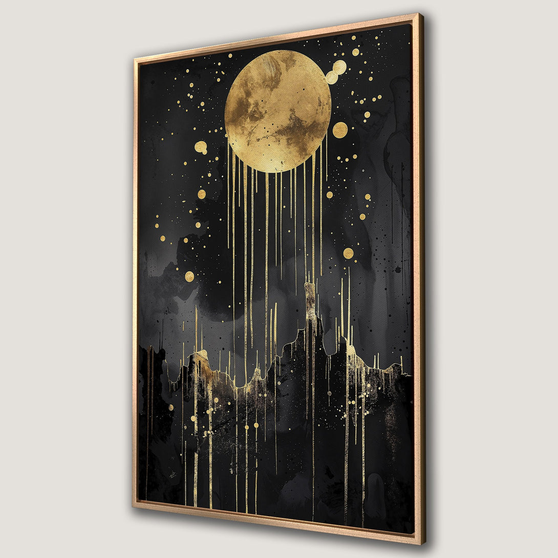 Framed Wall Art featuring a gold moon over a black landscape. Modern abstract style with gold and black color palette, perfect for home decor.