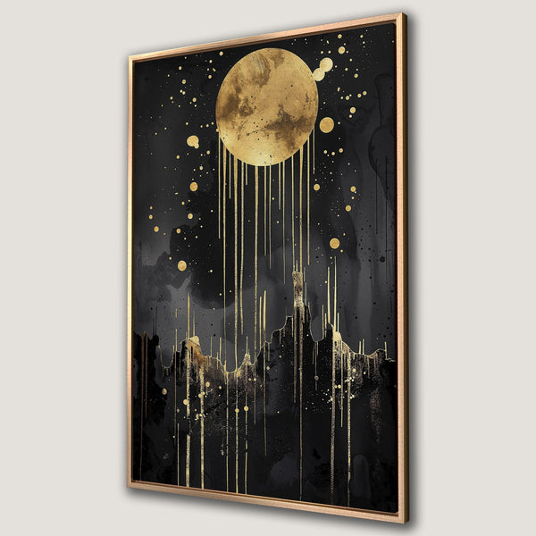 Framed Wall Art featuring a gold moon over a black landscape. Modern abstract style with gold and black color palette, perfect for home decor.