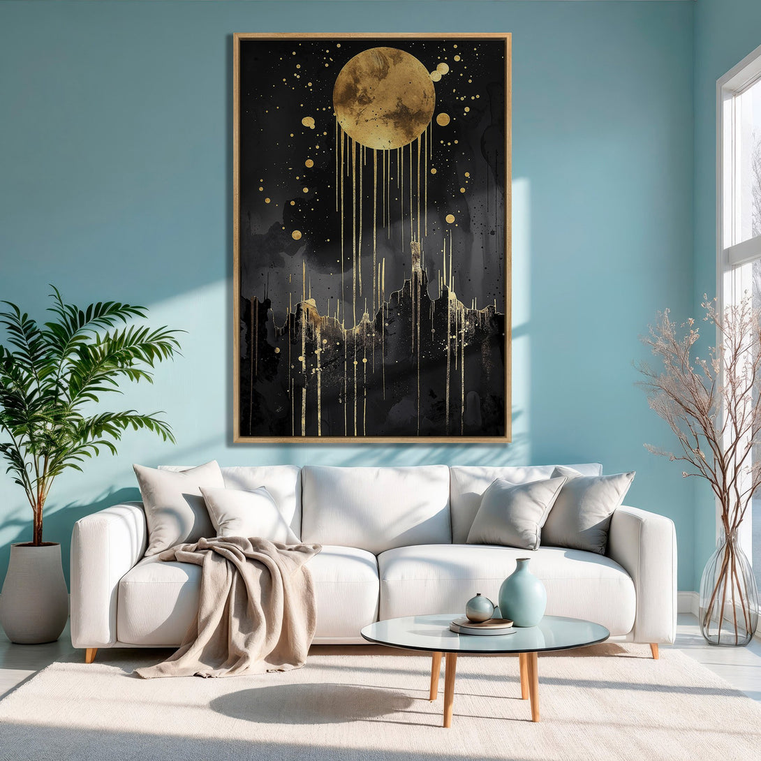 Framed Wall Art: Abstract gold moon and cityscape art print in a modern living room with a teal wall and white sofa.
