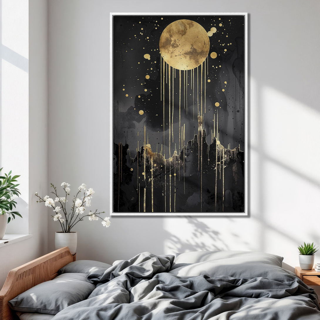 Framed Wall Art featuring a gold moon over a dark landscape. Modern abstract art in a black and gold color palette, perfect for bedroom decor.