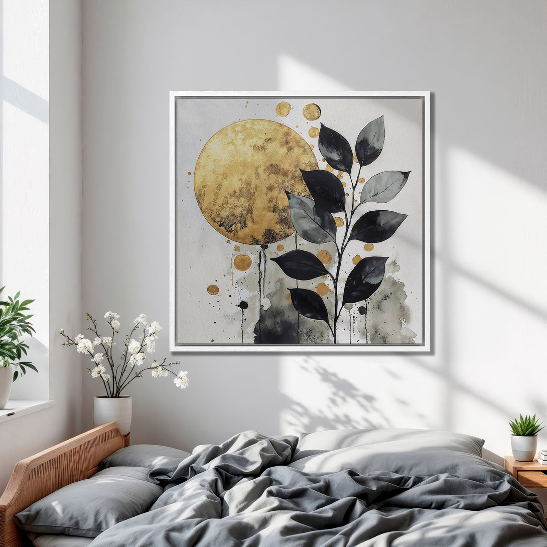 Framed Wall Art featuring an abstract botanical design in a neutral palette with gold accents. Perfect for bedroom decor, adding a touch of modern elegance.