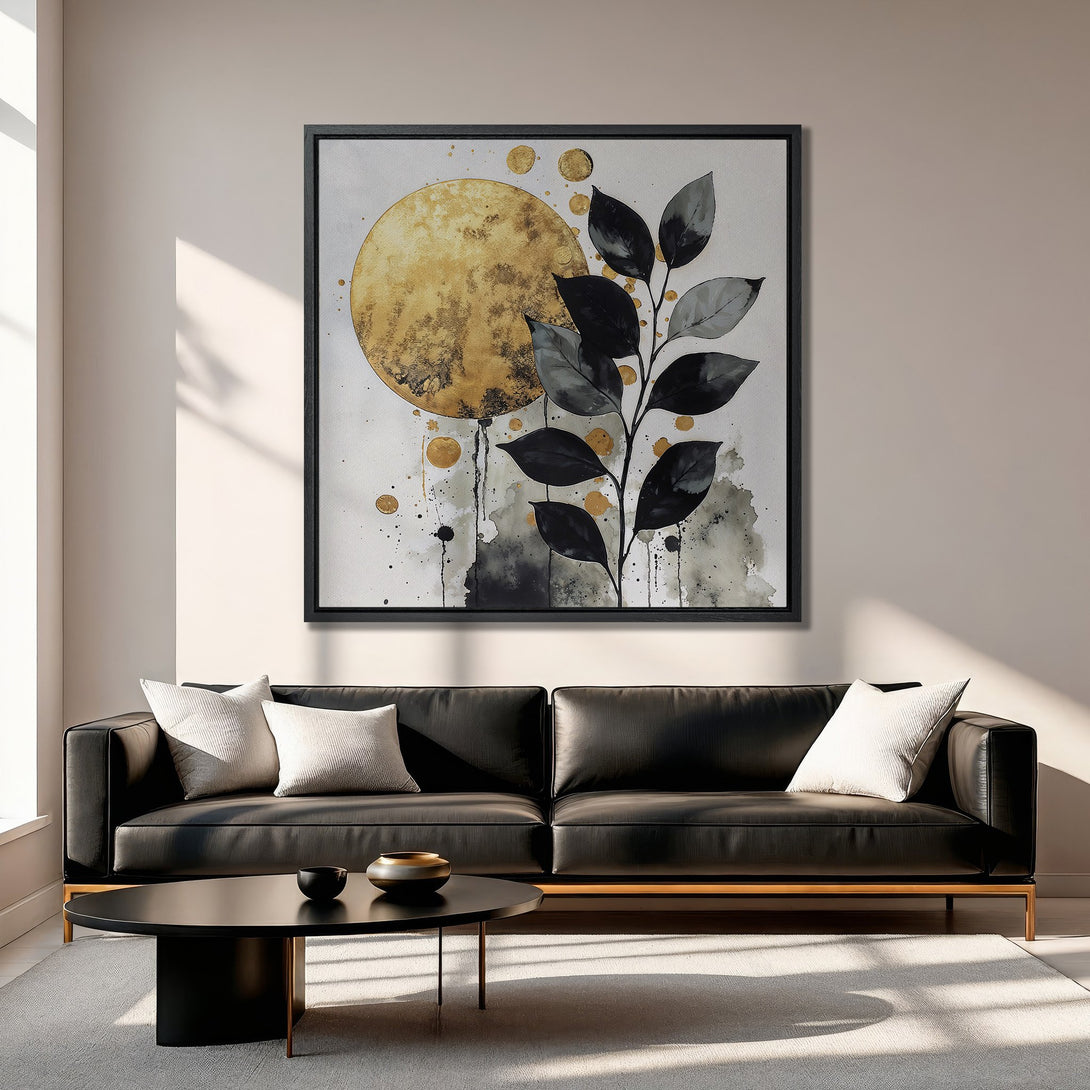 Framed Wall Art: Abstract botanical print in gold, black, and gray. Modern art canvas print adds elegance to any interior.