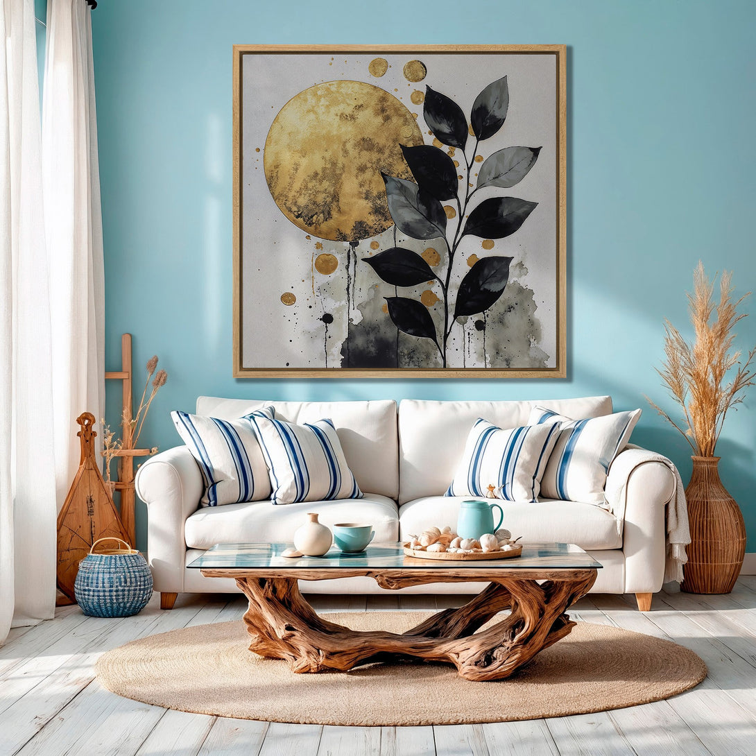 Abstract Canvas Print with gold and black botanical art. Modern wall decor in a coastal living room with a teal color palette.