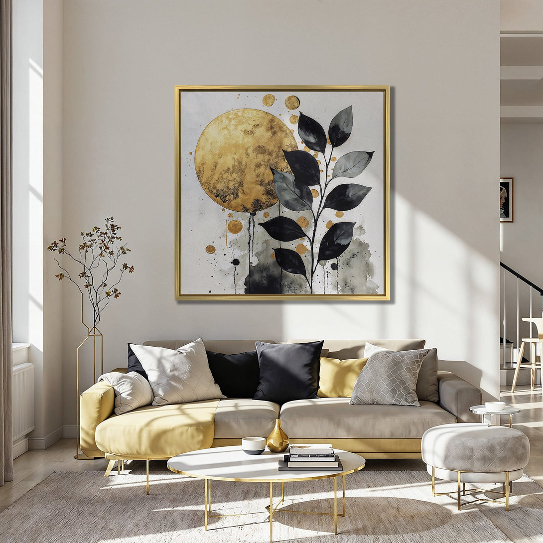 Canvas Print: Abstract botanical art in gold, black, and gray. Modern wall decor with a calming teal and orange interior design.