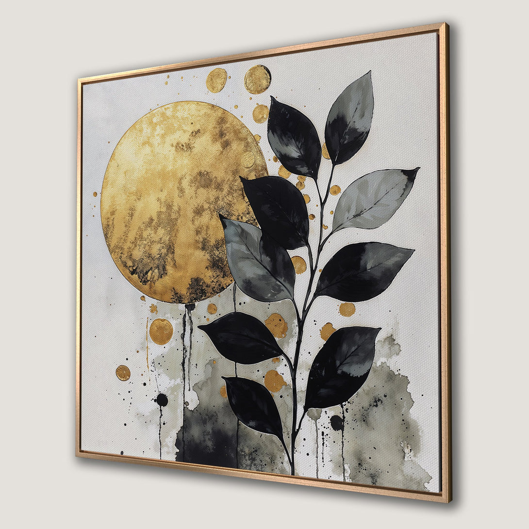 Framed Wall Art: Abstract botanical print with gold, black, and grey tones. Modern canvas art for stylish home decor.