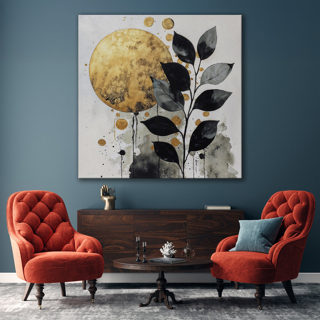 Framed Wall Art featuring an abstract botanical design with gold and black accents. Modern canvas print in a neutral interior, perfect for home decor.