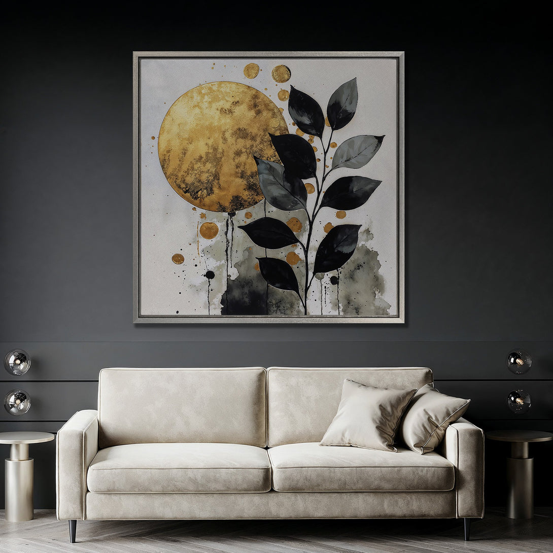 Framed Wall Art: Abstract botanical print with gold and black accents. Modern style, neutral color palette perfect for living room decor.