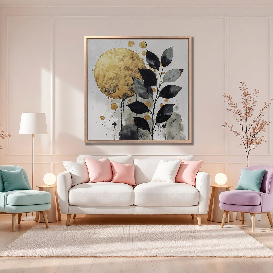 Framed Wall Art featuring a modern botanical design in gold, black, and gray. Soft, neutral interior with pastel pink and teal accents.