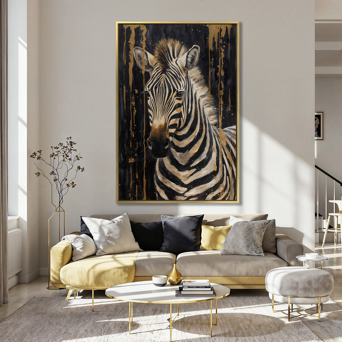 Canvas Print of a zebra with gold accents on a black background. Modern art with a neutral and gold color palette.