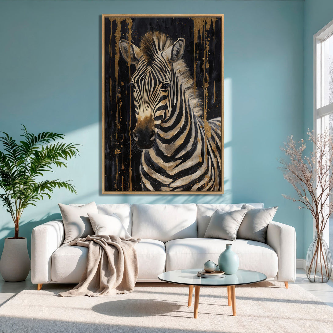 Framed Wall Art: Stunning zebra portrait with gold accents on black background. Modern art for living room decor. Black, gold, and white color palette.