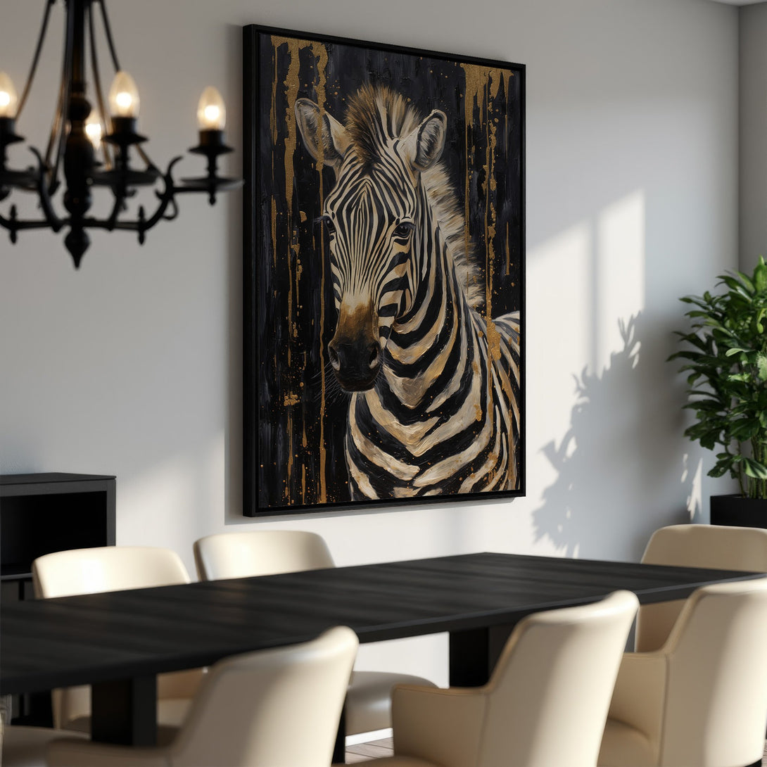 Framed Wall Art: Stunning zebra portrait with gold accents on black background. Modern Canvas Print art for living room decor. Black, gold, and neutral color palette.